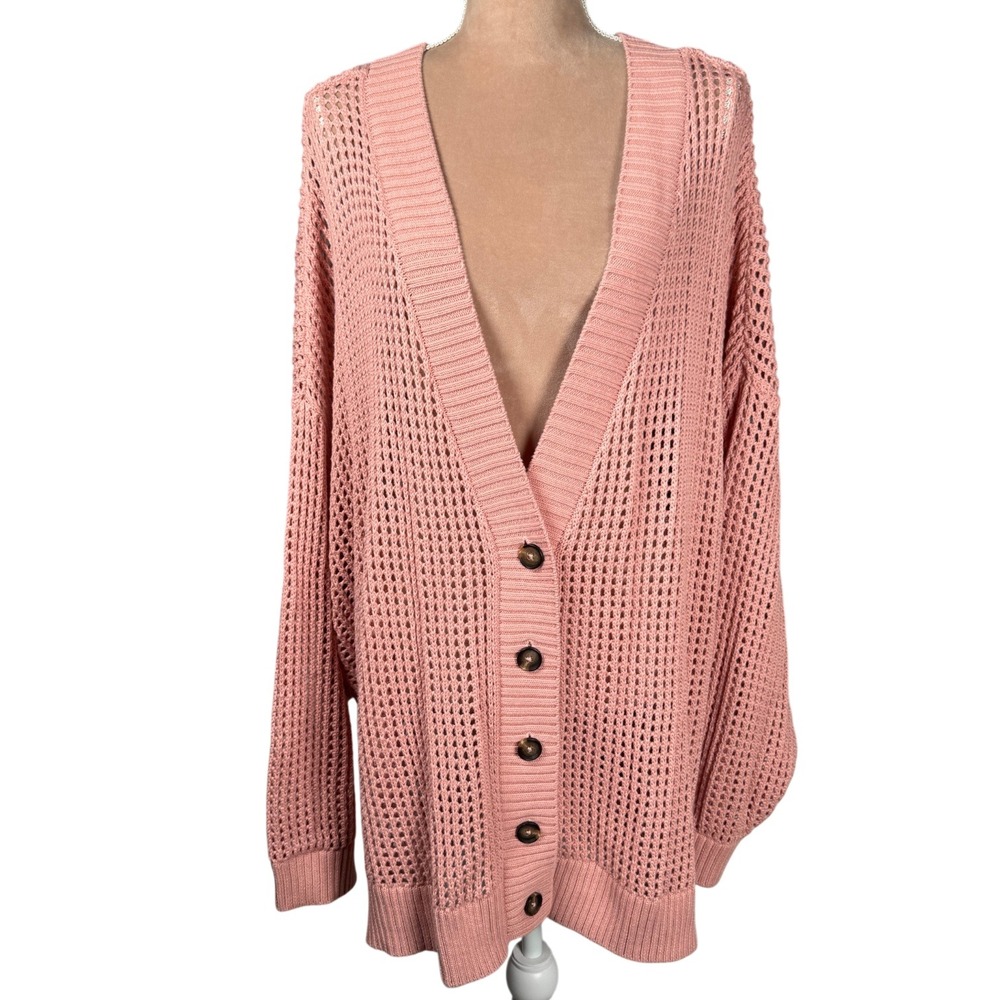 Torrid Cardigan Sweater Womens 5 Pink Open Crochet Knit V-Neck‎ Button Front